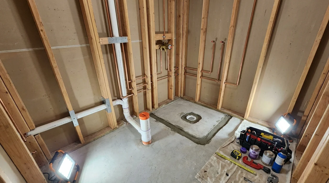 Bathroom rough-in plumbing during remodel by Johns Plumbing LLC in Perry