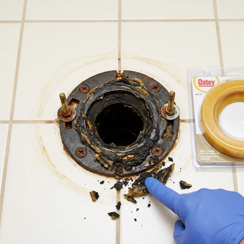 Failed wax ring showing water seepage at the base of a toilet in a Perry, IA home