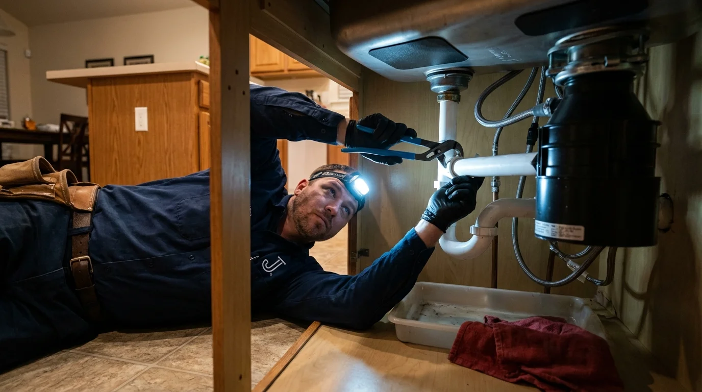 P-trap and supply line connections under a kitchen sink showing a common leak point in Perry, IA